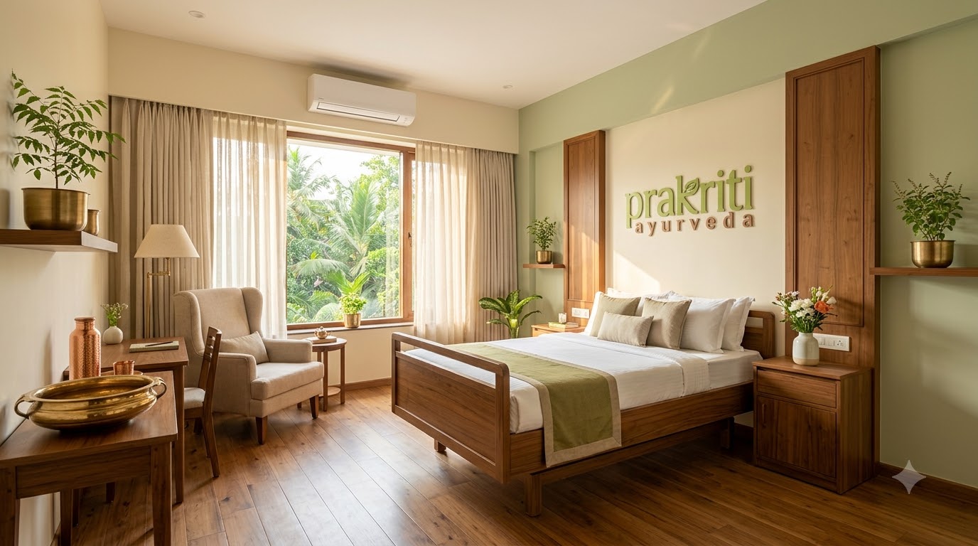Luxury Ayurvedic in-patient room with wooden interiors and natural daylight at Prakriti Ayurveda